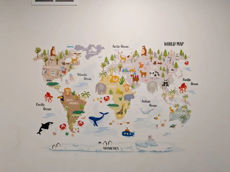 Educational world map wall mural printed by PaintPrint Pro